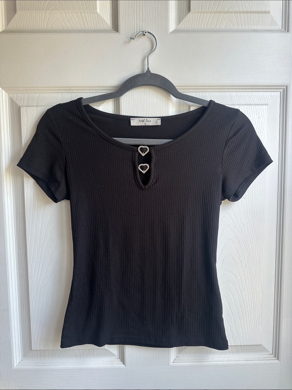 Wild Fable Black Ribbed Short Sleeve Top with Heart Accent